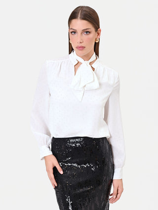 Cream Tie-Neck Blouse with Rhinestones