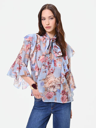Sky Blue Floral Bow Blouse