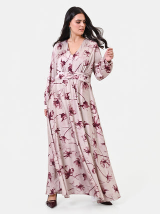 Abito Curvy  lungo bordeaux con stampa floreale