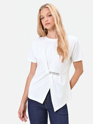 Cream White Draped T-Shirt with Rhinestones