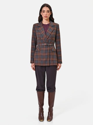 Brown Check Double-Breasted Jacket with Belt