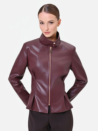 Bordeauxrote Kunstlederjacke mit Schößchen