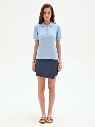 Light Blue Ribbed Knit Polo Shirt