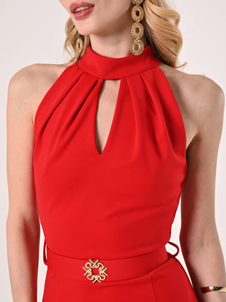 Neckholder-Etuikleid mit Gürtel in Rot