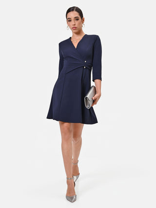 Navy Blue Wrap Dress with Piercing Detail