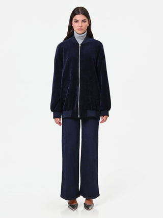 Bomber oversize in velluto blu navy