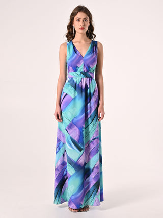 Robe longue imprimé abstrait avec ceinture enduite