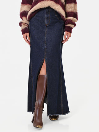Gonna lunga in denim blu navy con spacco frontale