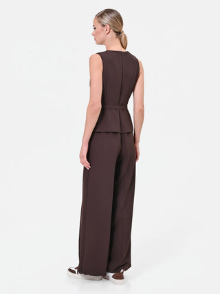 Brown cady jumpsuit with vest effect and belt