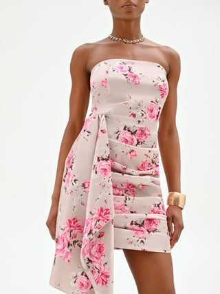 Mini abito rosa con stampa floreale e drappeggio