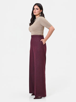 Pantalone Curvy in misto viscosa rosso bordeaux gessato a vita alta