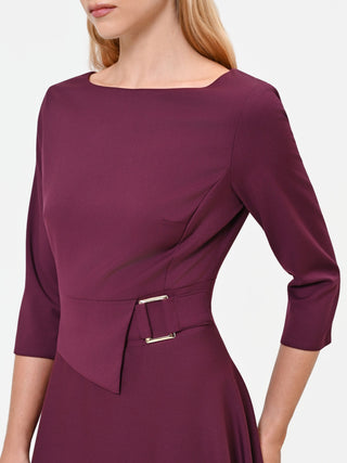 Burgundy Red Polyviscose Midi Dress with Buckle Detail