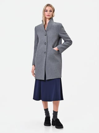 Grey Single-Breasted Coat with Stand Collar