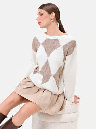 Cream White Diamond-Patterned Wool Sweater