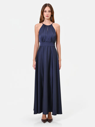 Abito lungo blu navy con scollo all'americana