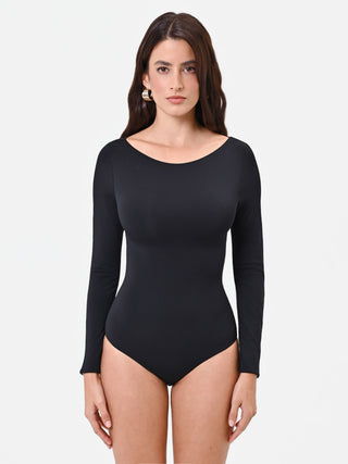 Black long-sleeve microfiber bodysuit with tulle insert