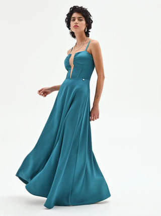 Long petrol blue satin dress with a sheer neckline Rinascimento Long petrol blue satin dress with a sheer neckline Rinascimento