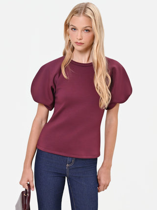 T-shirt bordeaux rosso con maniche a palloncino in tessuto strutturato