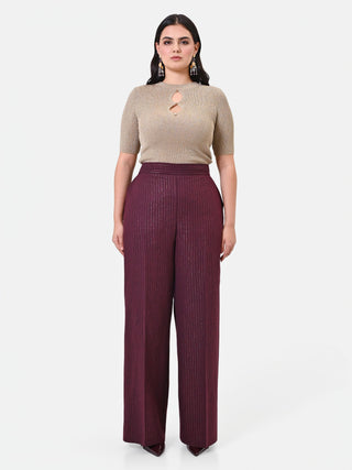 Pantalone Curvy in misto viscosa rosso bordeaux gessato a vita alta