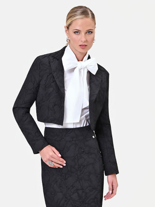 Giacca cropped nera in tessuto jacquard