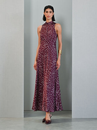 Burgundy Polka Dot Satin Maxi Dress