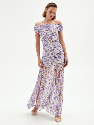 Langes Kleid mit Blumenprint in Violett und Flieder
