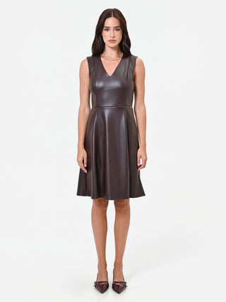 Robe évasée en similicuir brun foncé