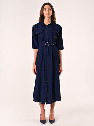 Navy Blue Shirt Dress in Crinkled Viscose Blend