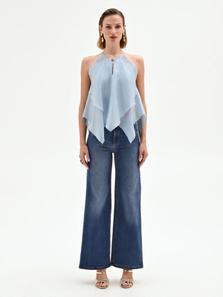 Sky Blue Asymmetric Ruffle Top