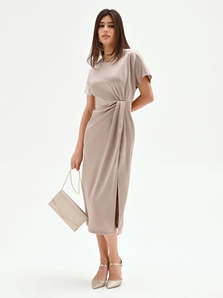 Taupe beige satin dress with a side knot Rinascimento Taupe beige satin dress with a side knot Rinascimento