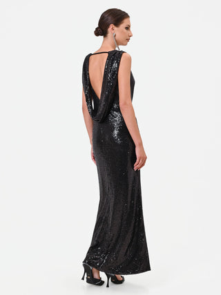 Abito lungo nero in paillettes con scollo a cappuccio