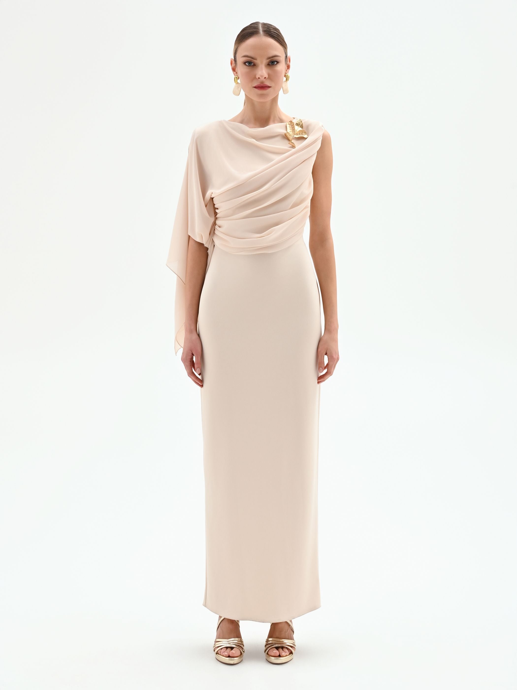 Light beige one-shoulder long dress – Rinascimento