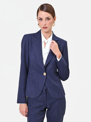 Giacca in misto viscosa blu navy gessata con bottone dorato