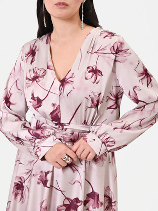 Abito Curvy  lungo bordeaux con stampa floreale