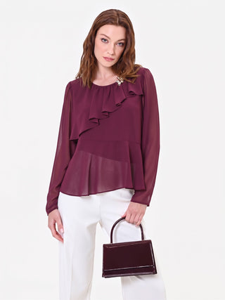 Blusa bordeaux con volant asimmetrico