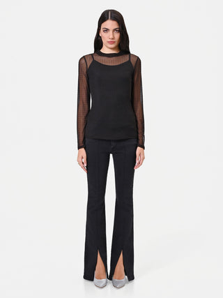 Black Layered Tulle T-Shirt with Rhinestones