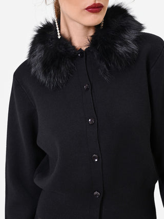 Cardigan in viscosa nero con collo effetto pelliccia