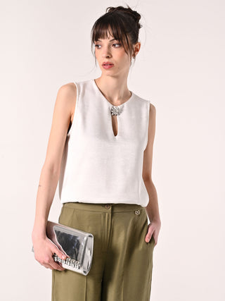 White Textured Top with Brooch