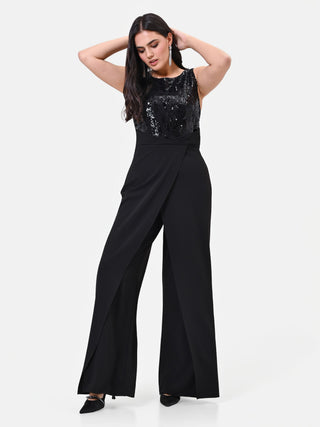 Curvy Black Jumpsuit with Sequin Bodice and Slit