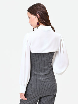 Blusa grigia con bustier gessato e paillettes