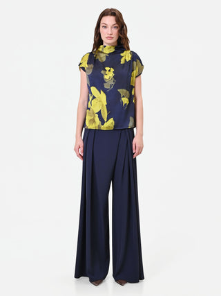 Navy Blue Floral Print Draped Top