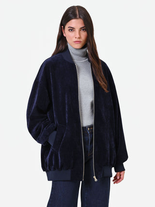 Bomber oversize in velluto blu navy