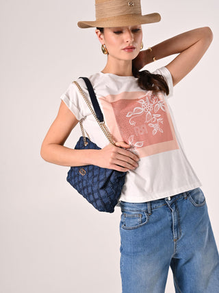 Cotton T-shirt with Rhinestone & Rose Print