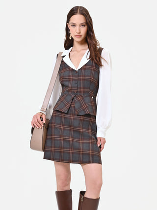 Abito marrone con stampa check effetto camicia