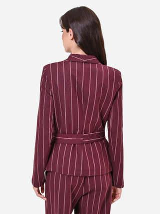 Burgundy Pinstripe Belted Blazer