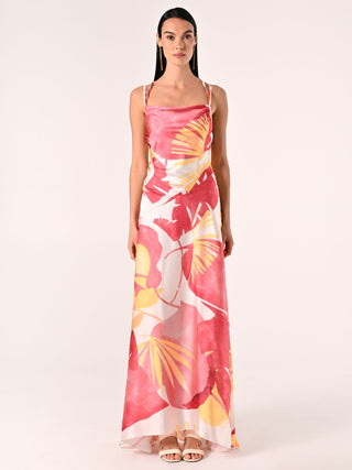 Robe longue en satin imprimé feuilles