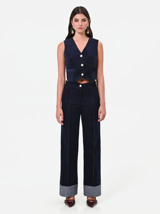 Navy Blue Velvet Trousers with Contrast Stitching