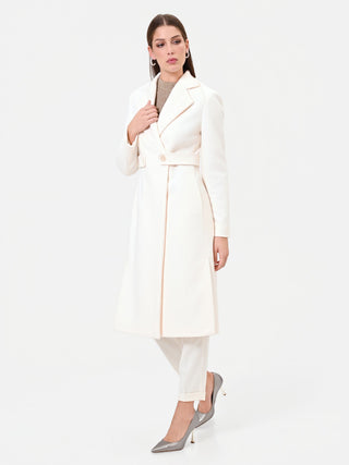 Cream Midi Coat with Peak Lapels