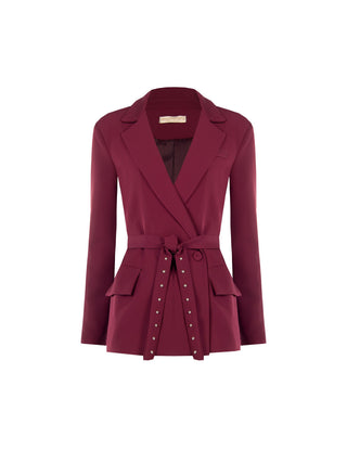 Bordeauxroter Blazer mit Gürtel und Perlen-Detail