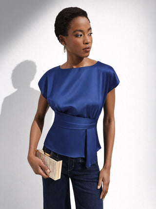 Blusa blu brillante con drappeggio in vita